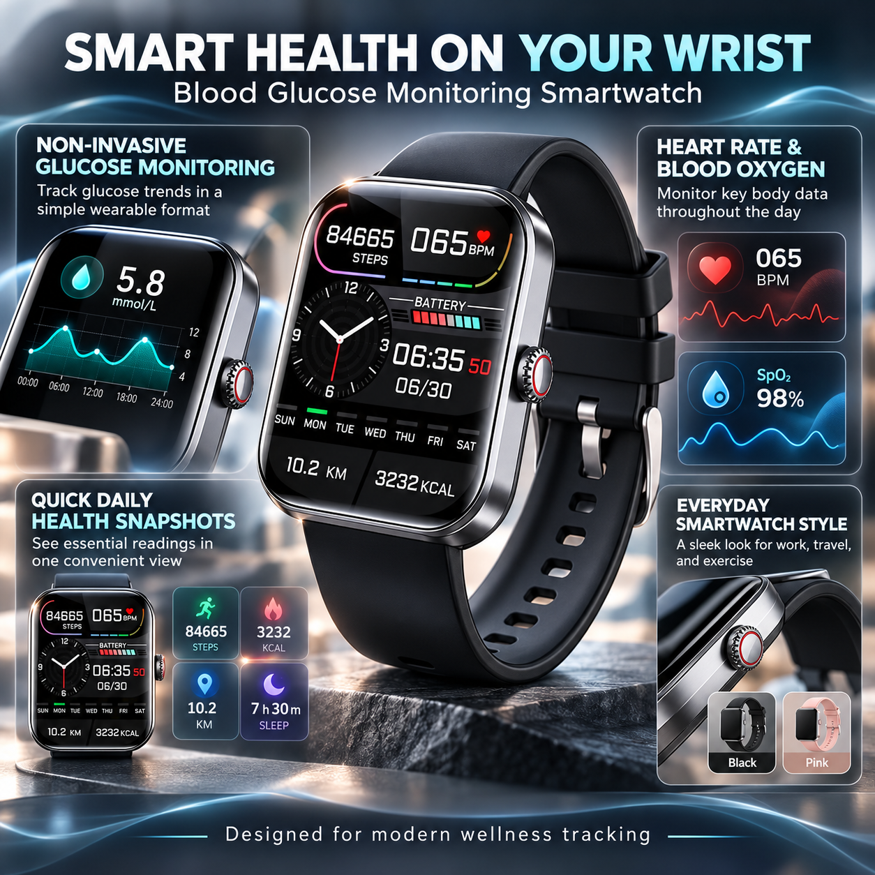 Blood Glucose Monitoring Smartwatch Heart Rate Tracker