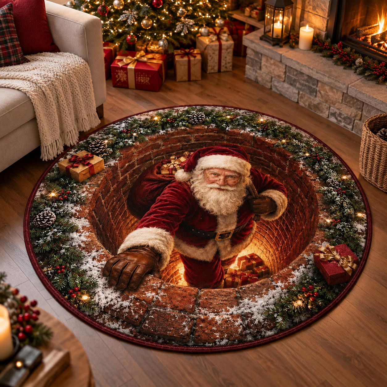 Christmas Rug 3D Optical Illusion Round Printed Holiday Scenes