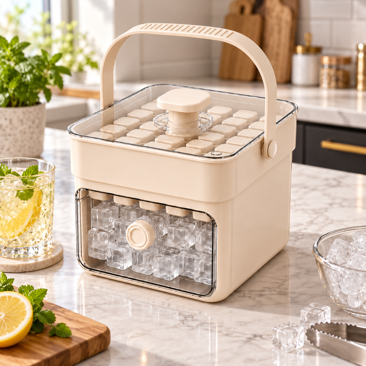 Ice Maker Storage Container Easy Dispensing Handle Lid