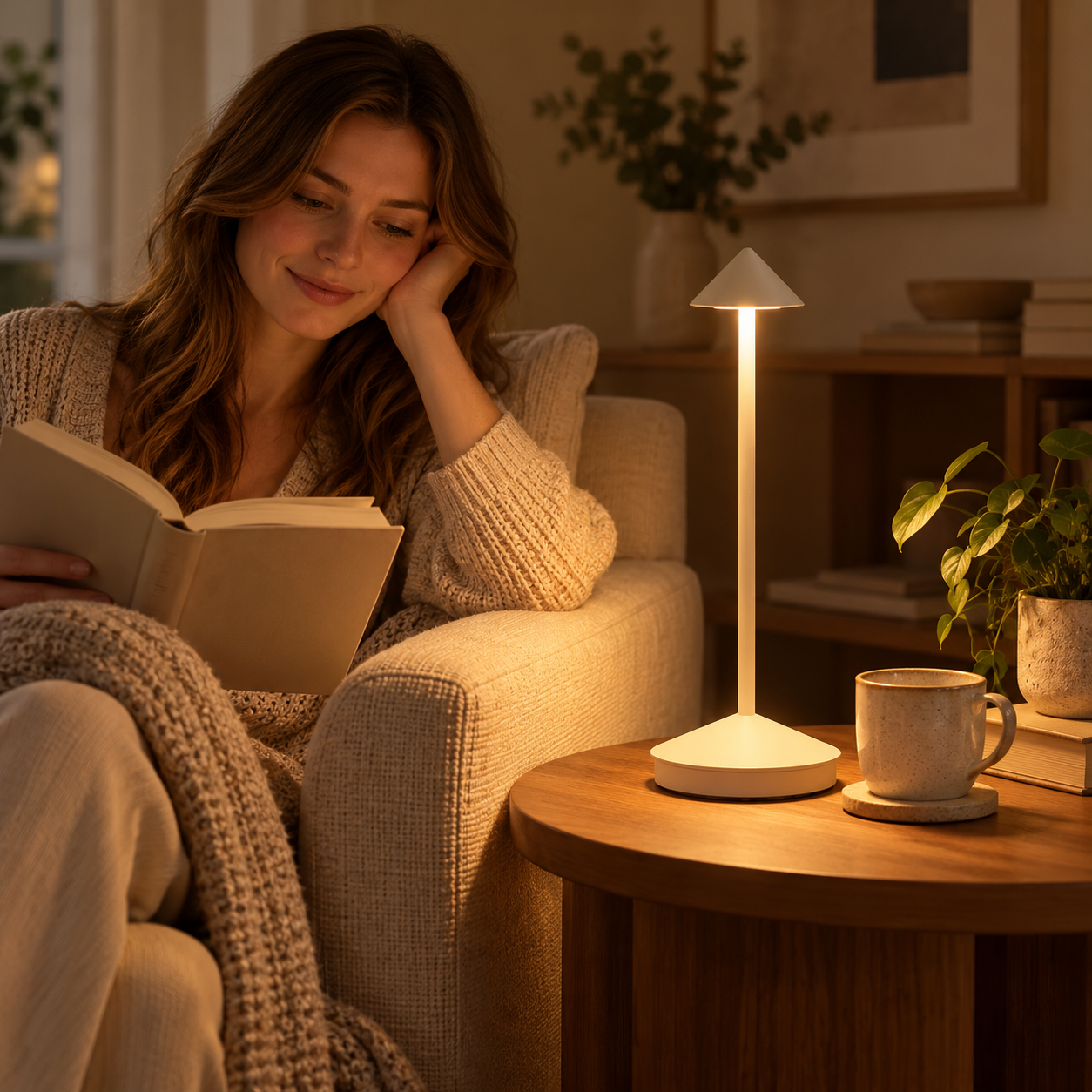 Rechargeable Touch Dimmable Table Lamp Conical Shade