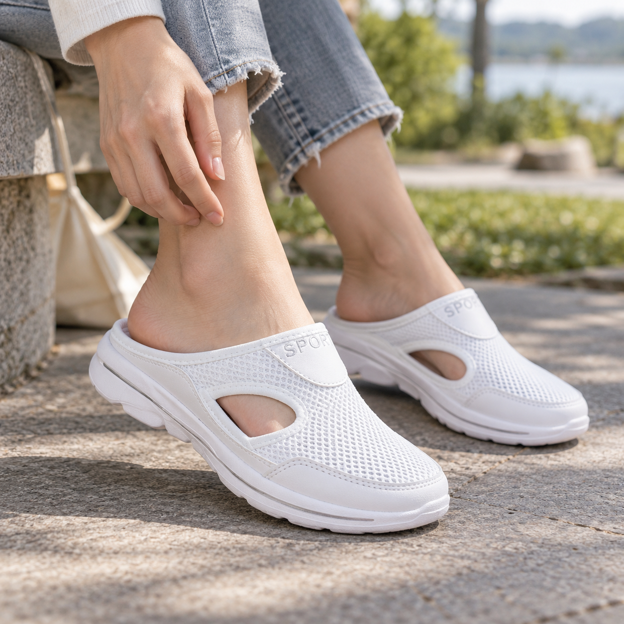 Women's Slip-On Sandals Closed Toe Mesh Upper Cushioned Sole