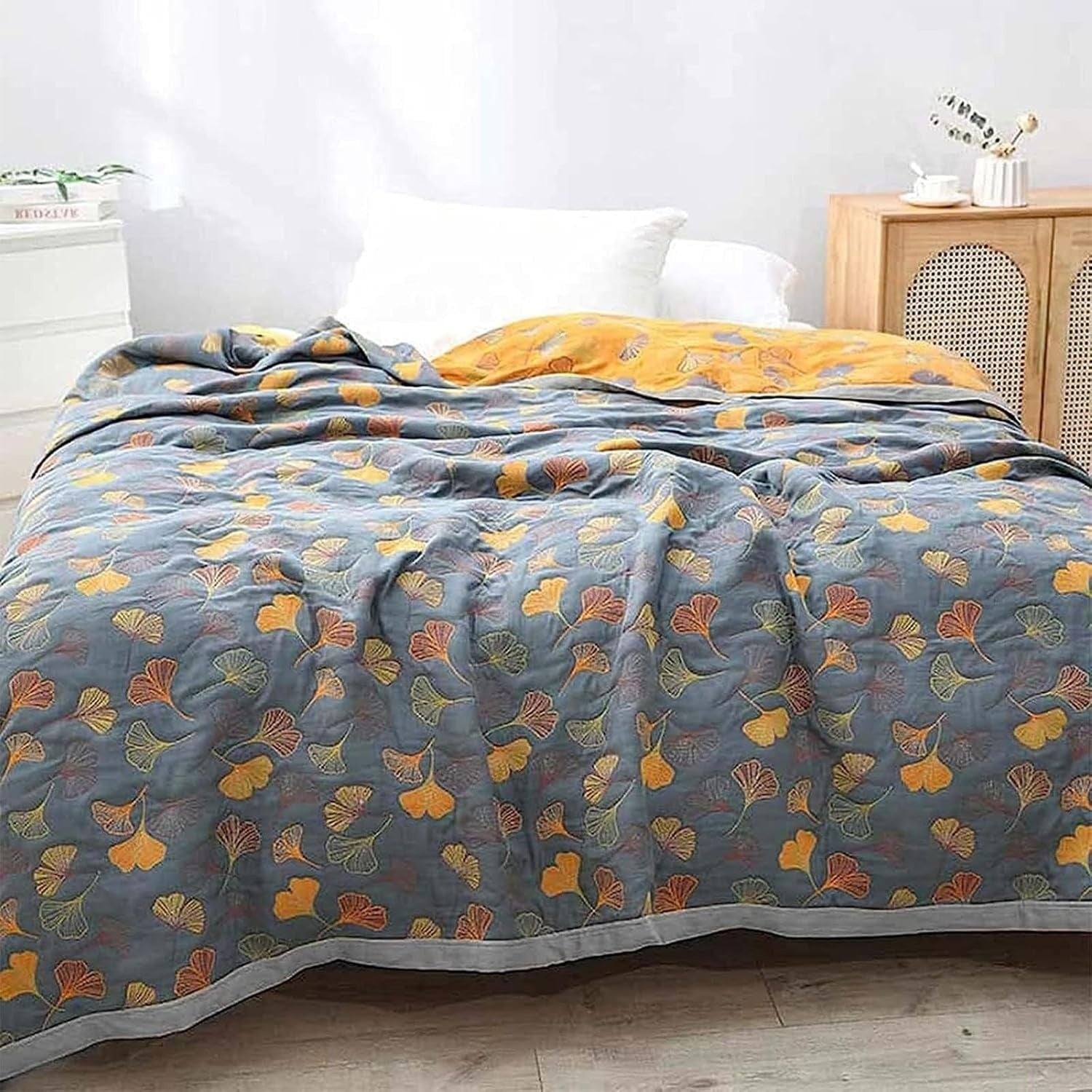 Cotton Throw Blanket Ginkgo Leaf Design Cozy Living Spaces - Image 1