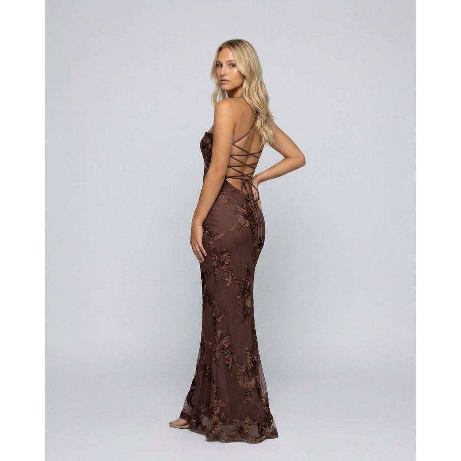 Maxi Dress Floral Appliqué and Lace-Up Back - Image 12