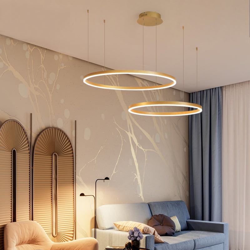 Modern Pendant Light Black and Gold Metal Rings Living Room - Image 3