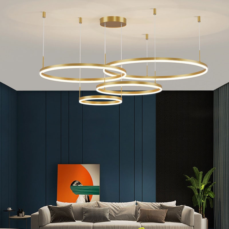 Modern Pendant Light Black and Gold Metal Rings Living Room - Image 6