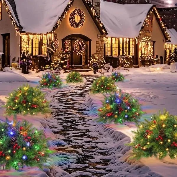 Pre-Lit LED Evergreen Holiday Urn Filler Festive Decor - Image 3