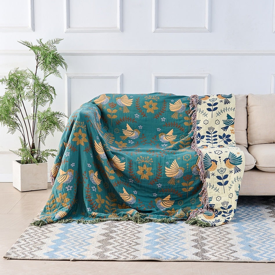 Reversible Cotton Bird Blanket Scandinavian Style - Image 1