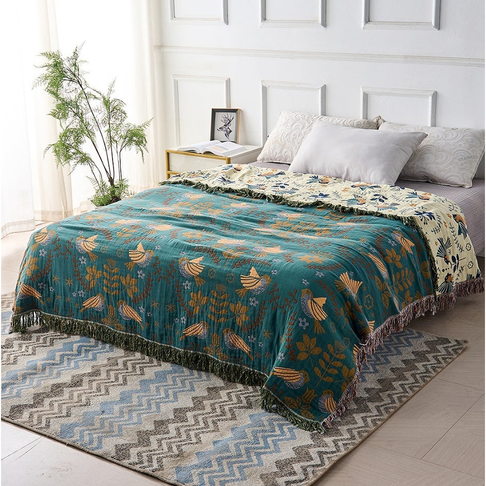 Reversible Cotton Bird Blanket Scandinavian Style - Image 2