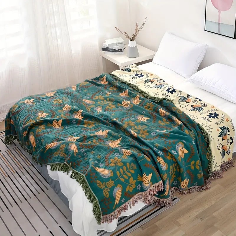 Reversible Cotton Bird Blanket Scandinavian Style - Image 5