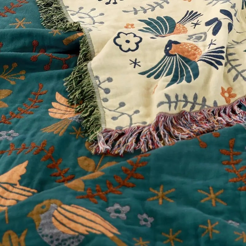 Reversible Cotton Bird Blanket Scandinavian Style - Image 6