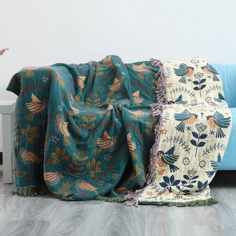 Reversible Cotton Bird Blanket Scandinavian Style - Image 7