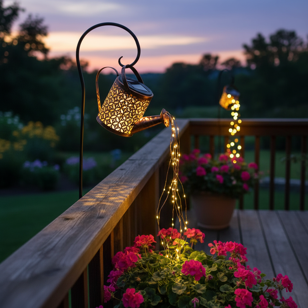 Solar Garden Lamp Decorative Watering Can Design and LED Lights - Image 1