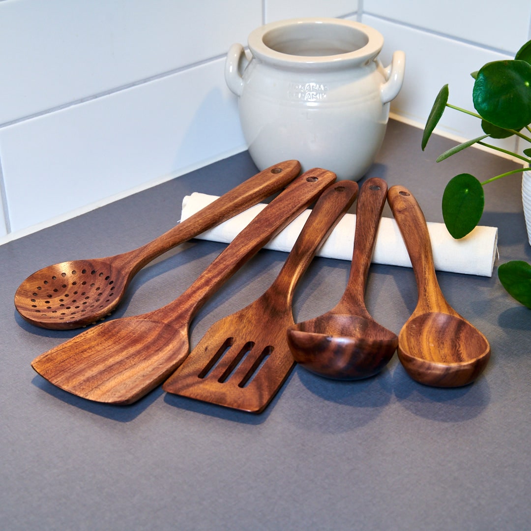 Wooden Cooking Utensil Set 5-Piece Walnut Kitchen Tools - Image 1